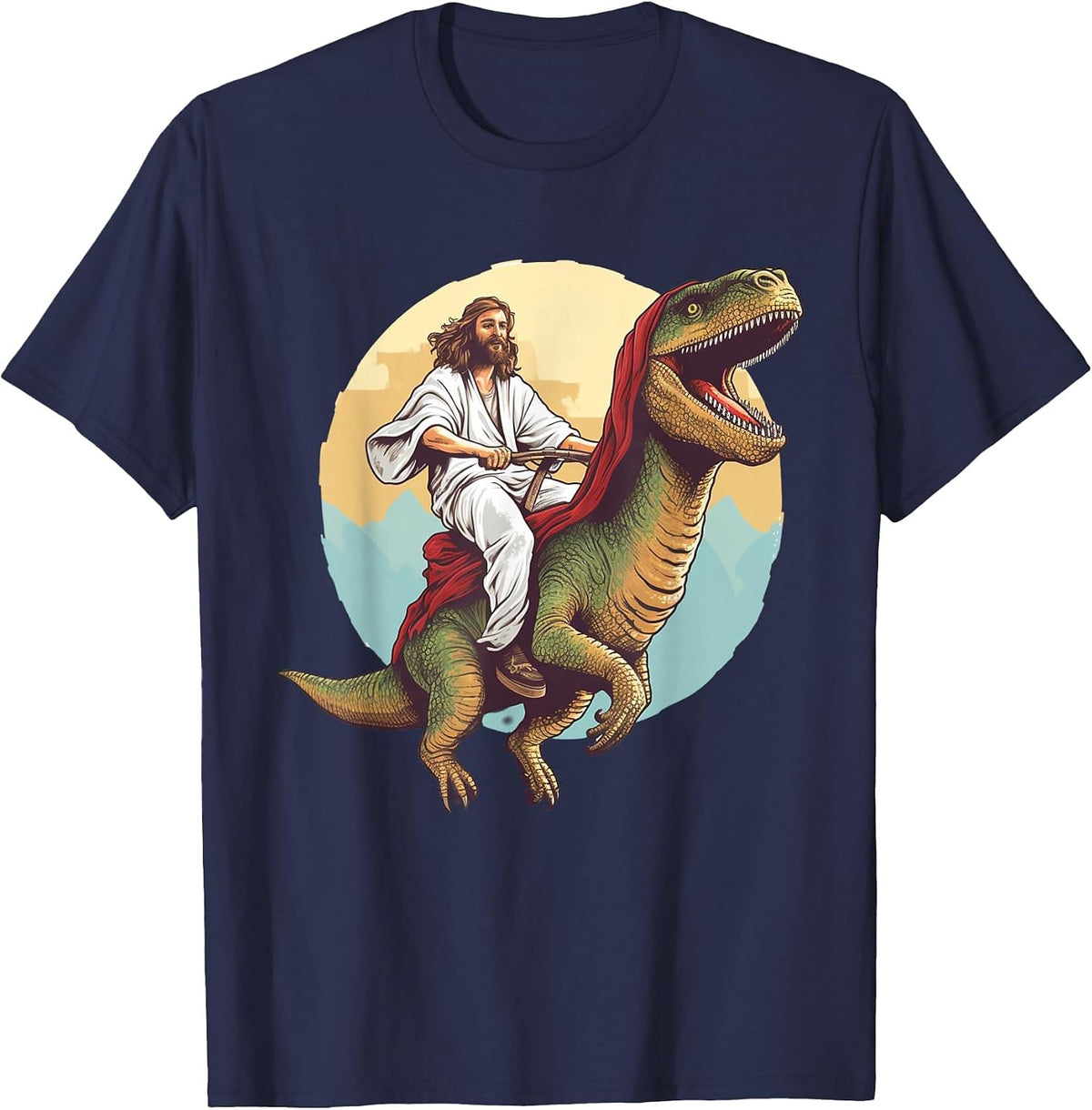 Jesus Riding a Dinosaur Meme Dino Lover Tyrannosaurus Rex T-Shirt - Navy Blue