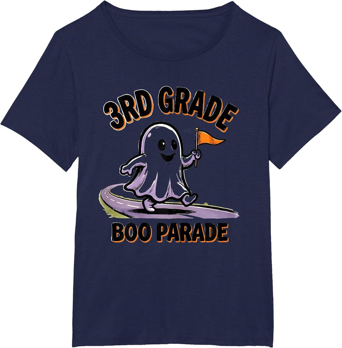 Women's 3rd Grade Boo Parade Cartoon Ghost Halloween Teacher Humor T-Shirt - Navy Blue