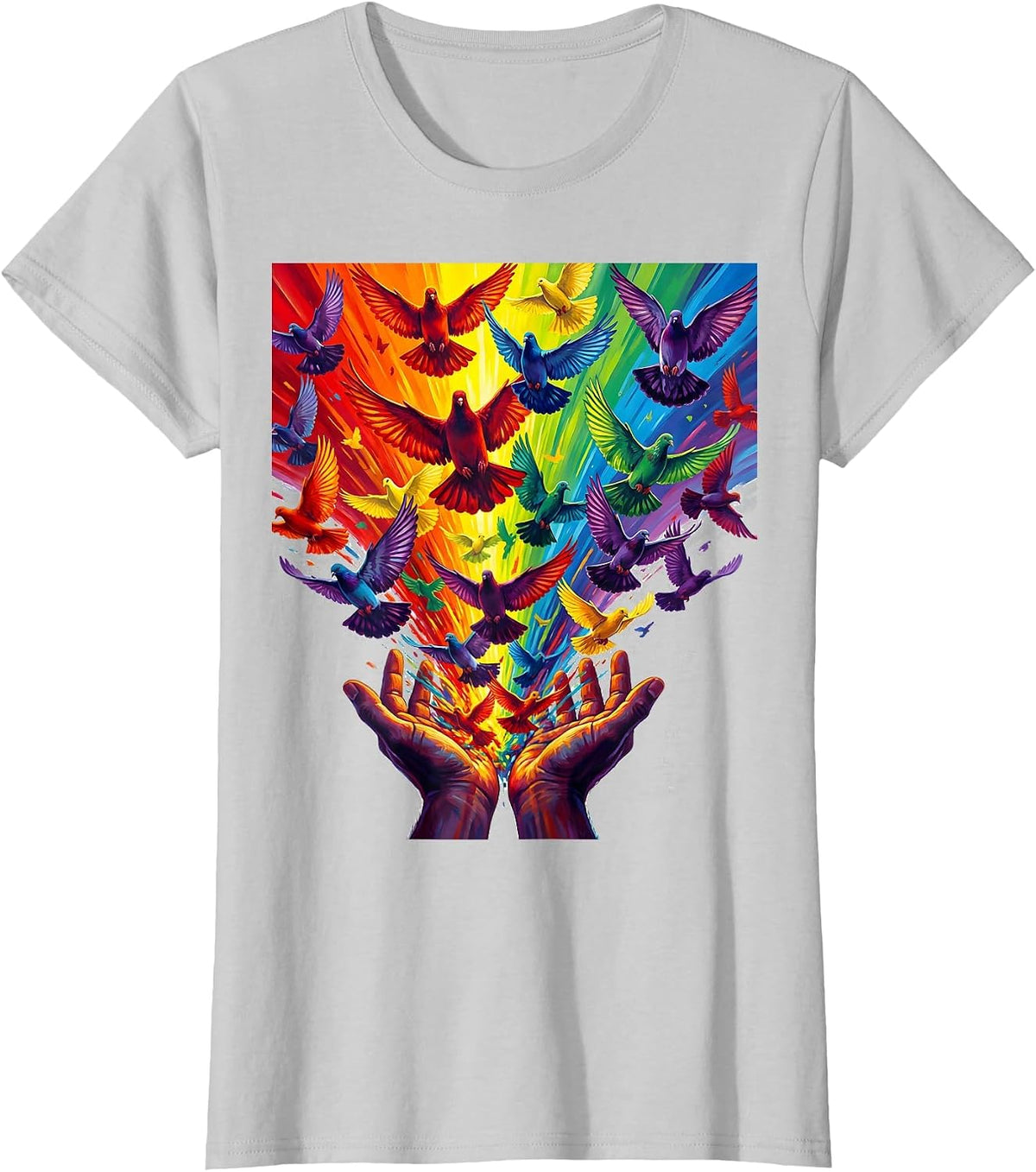 Pride Doves Spectrum Rainbow Release Illustration T-Shirt - Silver Grey