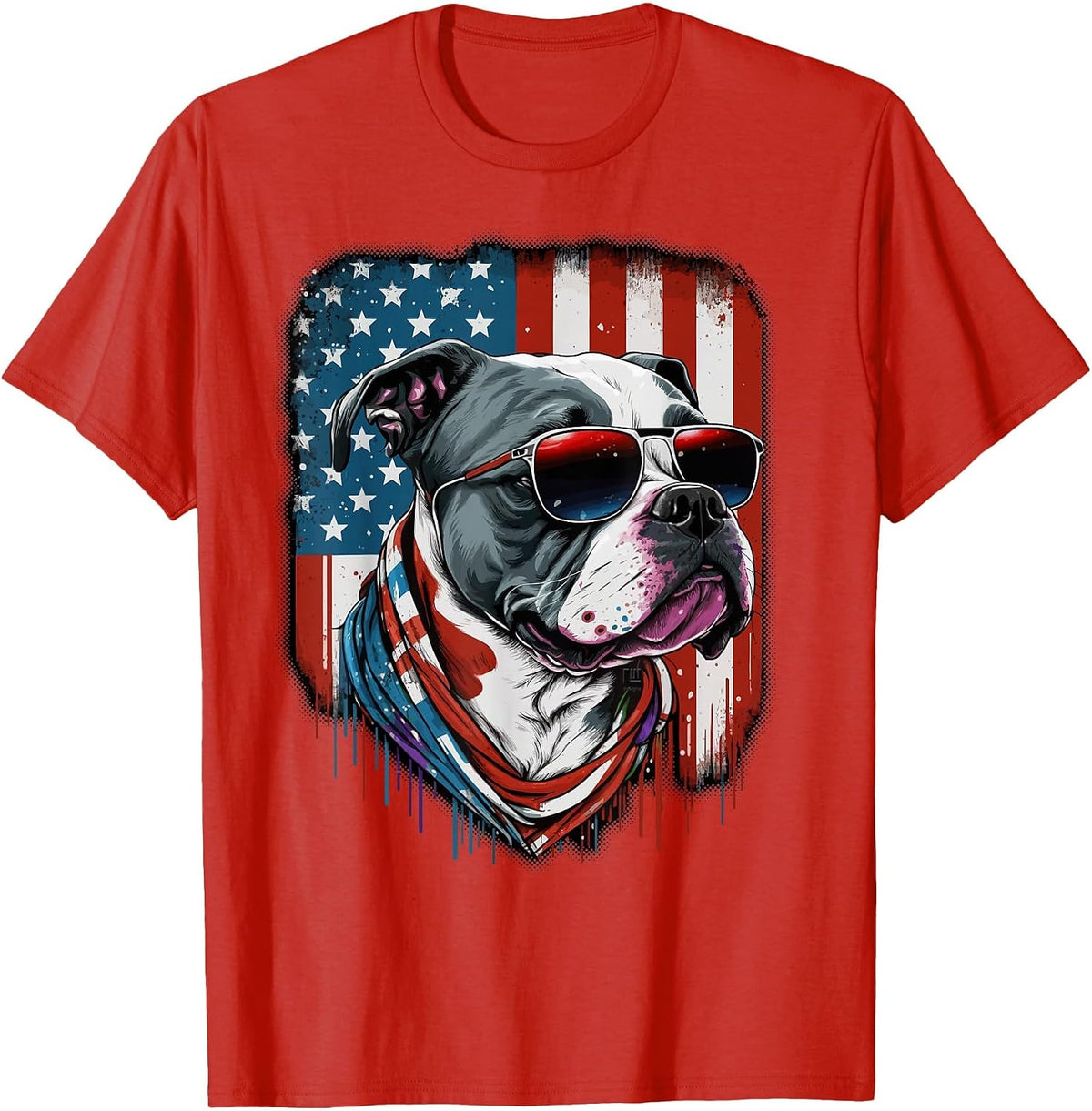 Pitbull Dog American Flag Sunglasses - Red/White/Blue T-Shirt - Red