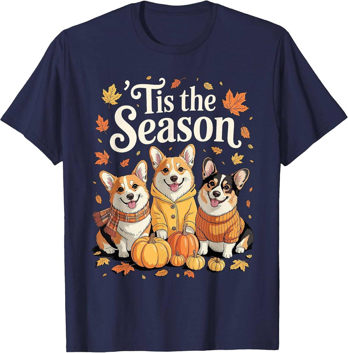 Tis The Season Corgi Fall Autumn Pumpkin Dog T-Shirt - Navy Blue