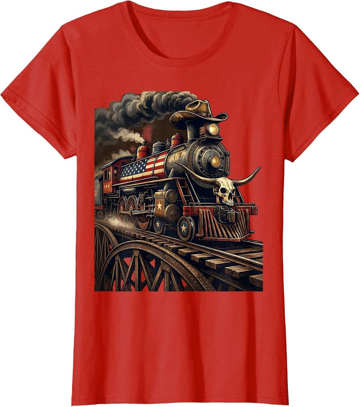 Coal Steam Locomotive Crossing Iron Bridge T-Shirt - Red