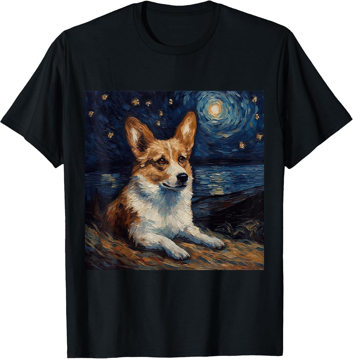 Pembroke Welsh Corgi Starry Night Dog Art T-Shirt, Men, Black, Small - As Pictured