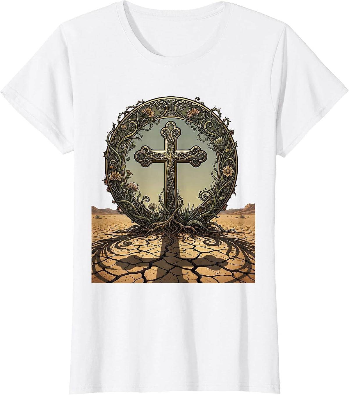 Cross Shadow on Cracked Desert Ground Graphic T-Shirt - White