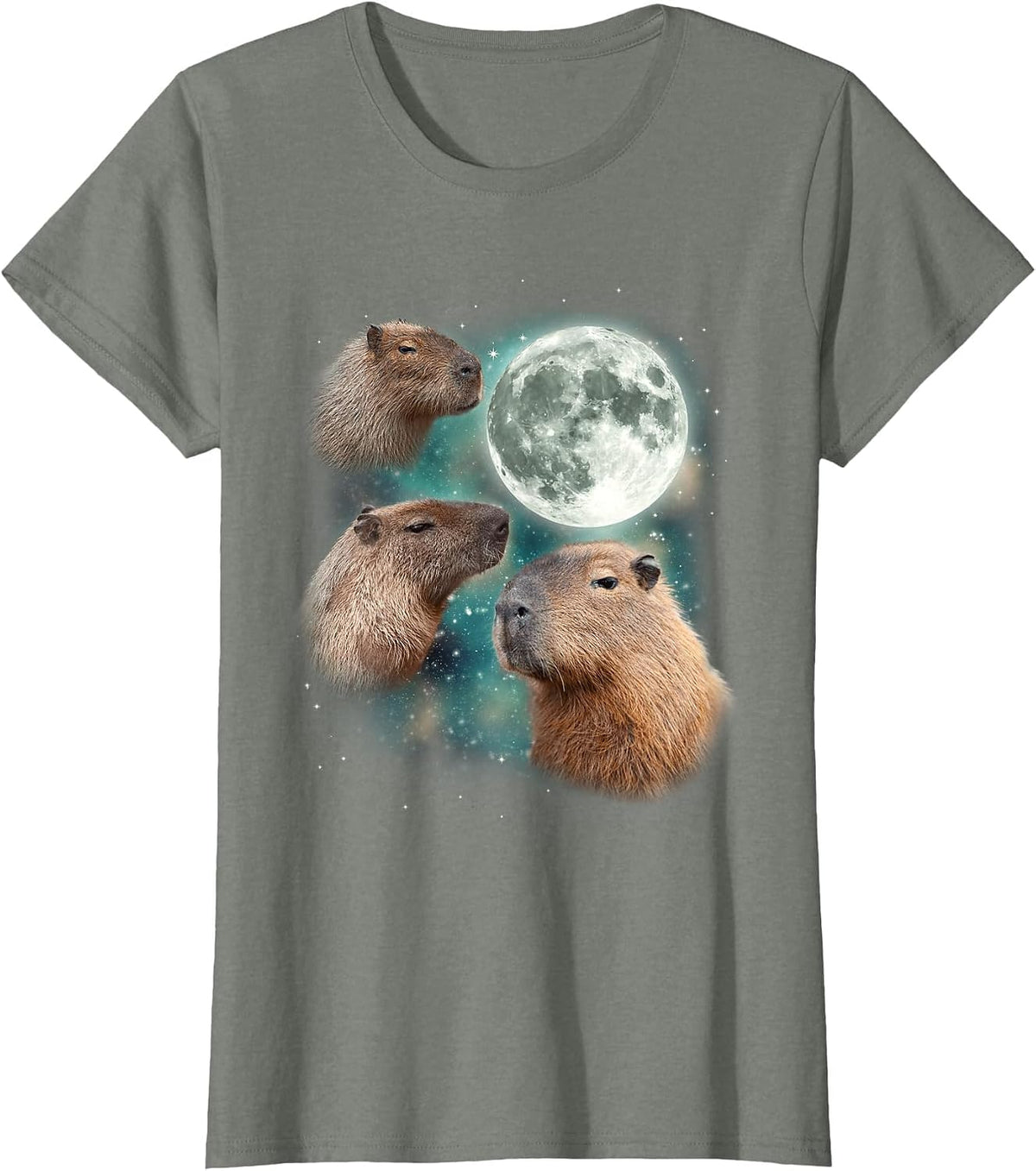 3 Capybara Moon Giant Rodents Weird Howling Parody T-Shirt - Olive Heather