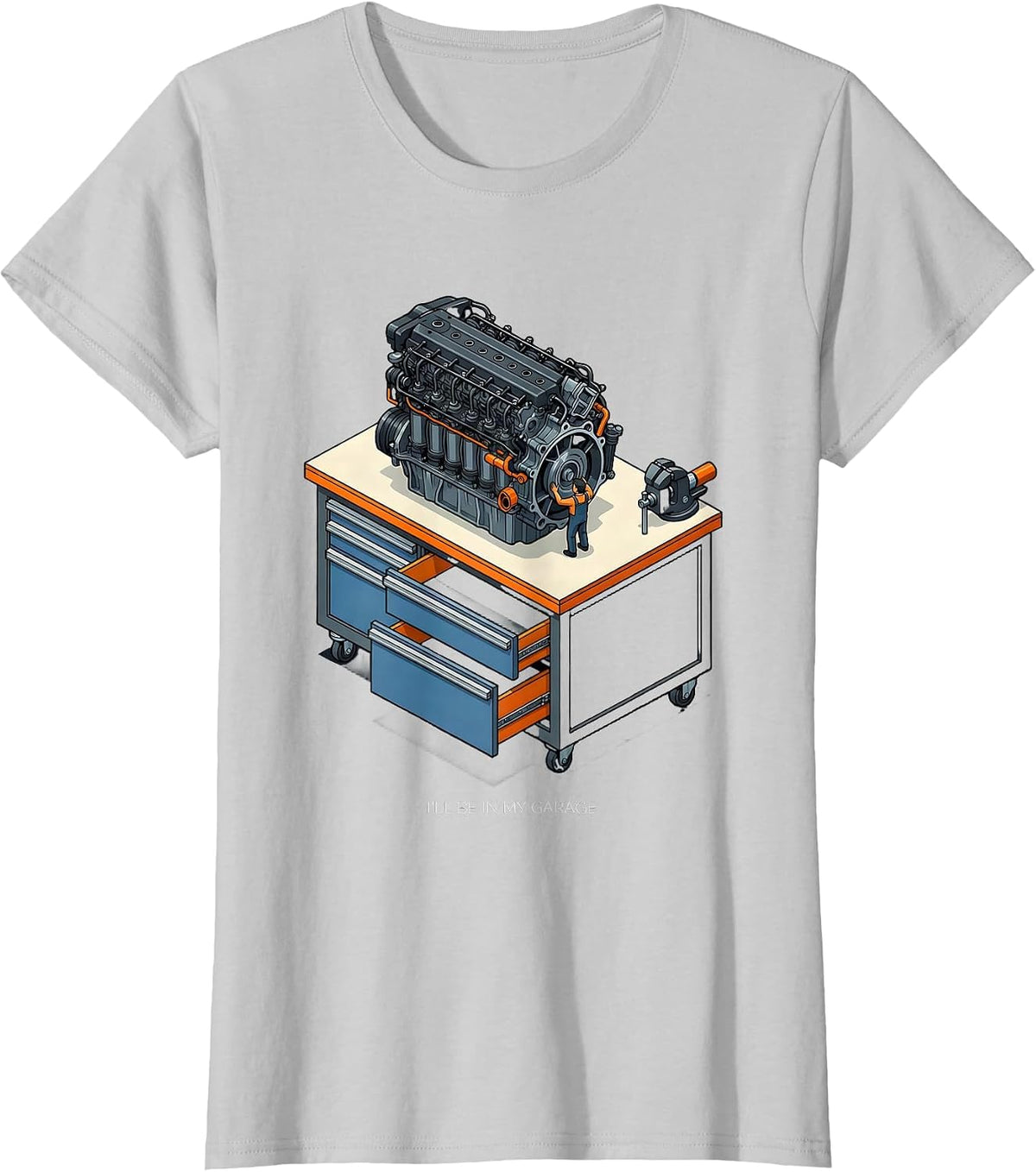 I'll Be In My Garage Isometric Mechanic Dad Joke Car Guy T-Shirt - Silver Grey
