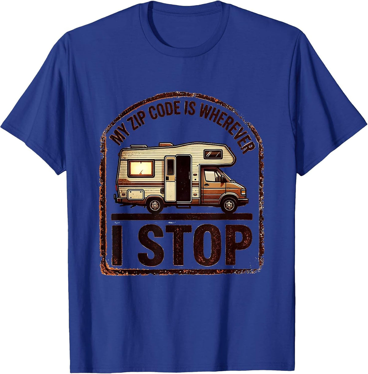 My Zip Code Is Wherever I Stop Retro Van Life Road Trip T-Shirt - Royal Blue
