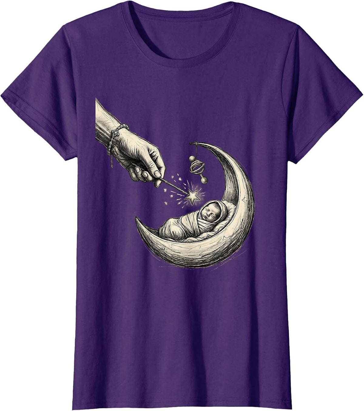 Women's Fairy Godmother New Baby Gift Hand-Sketched Magic Wand Humor T-Shirt - Purple