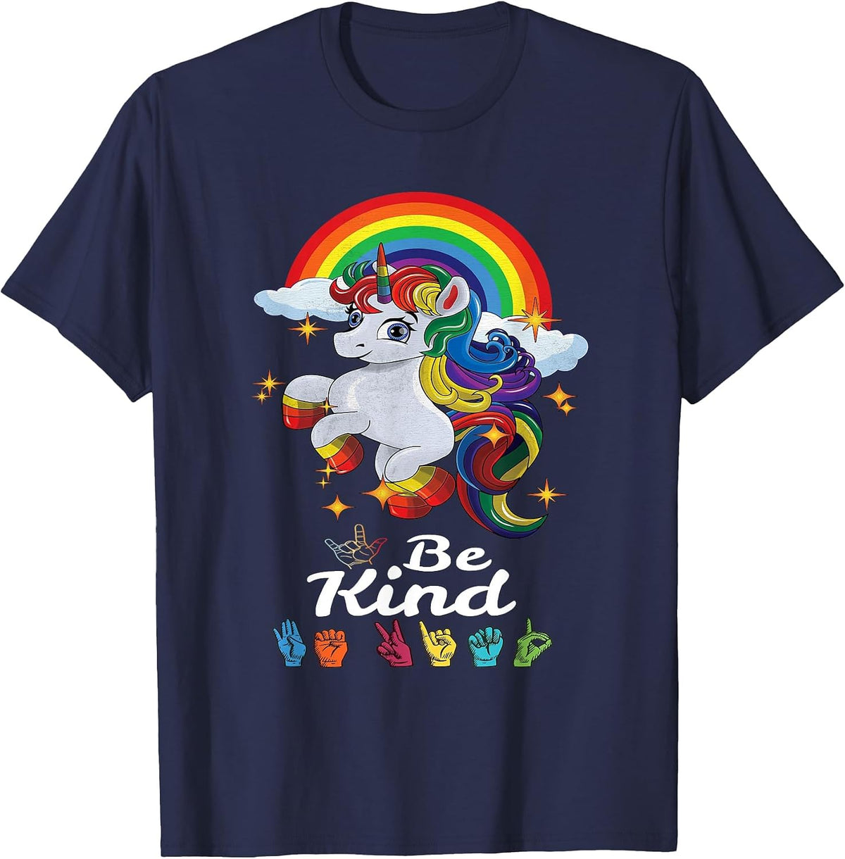 Be Kind Love ASL Teacher American Sign Language Girl Unicorn T-Shirt - Navy Blue