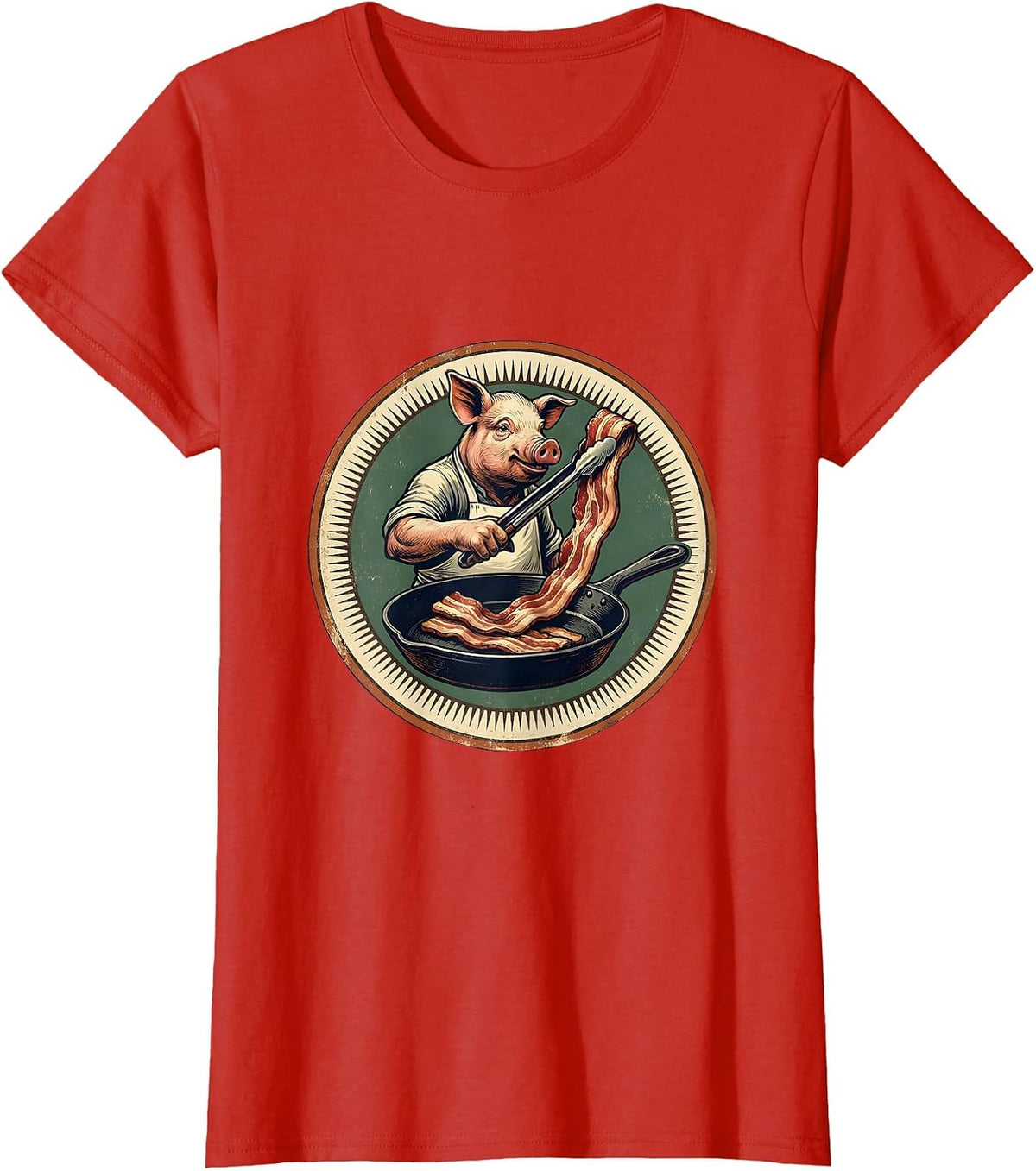 Women's Vintage Pig Bacon Lover Foodie Humor T-Shirt - Red