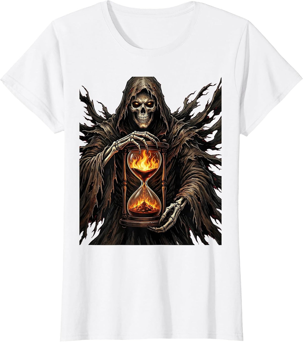 Women's Grim Reaper Hourglass of Fire Gothic Metal Art T-Shirt - White