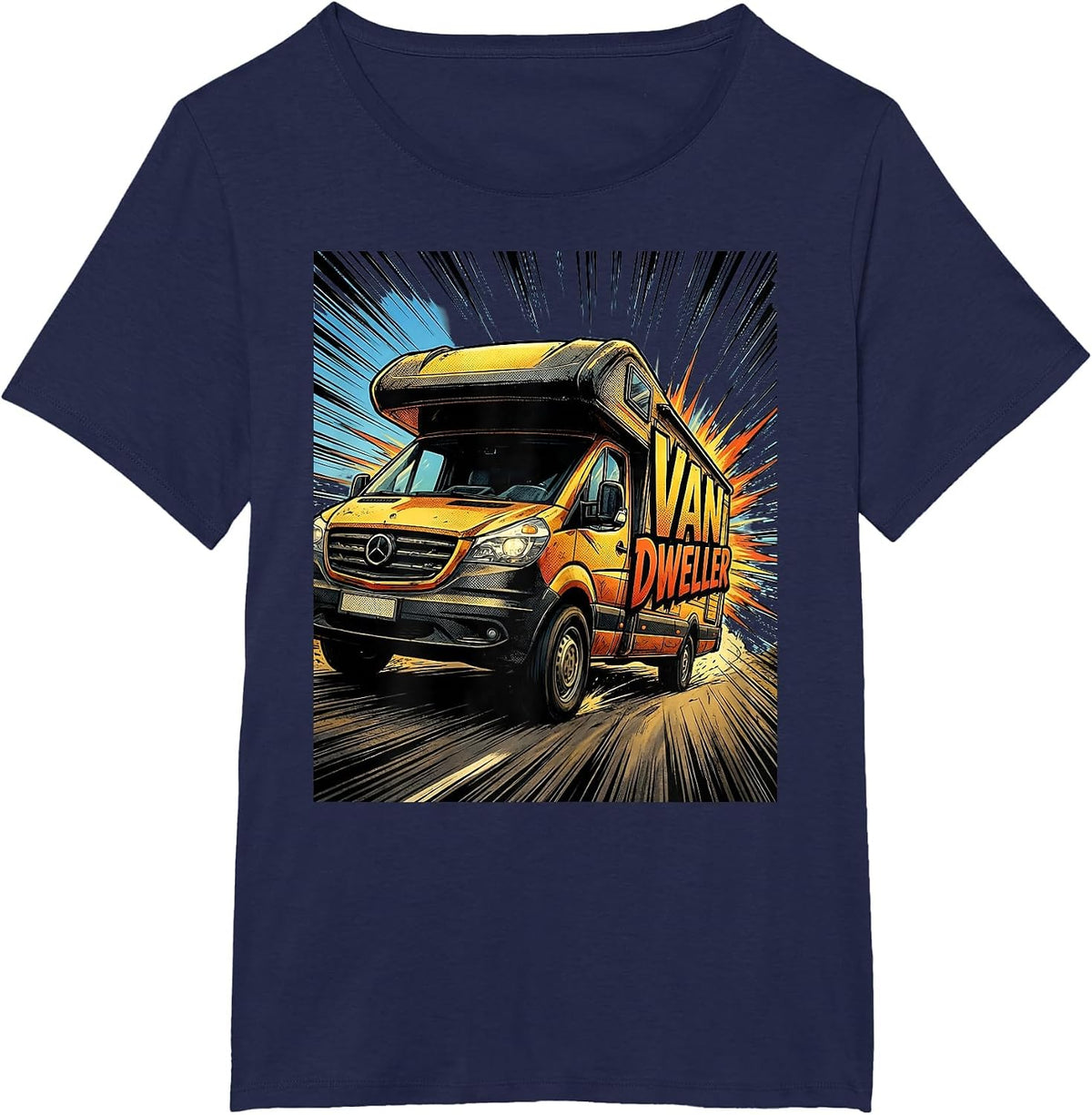 Women's Van Dweller Comic Book Van Life Road Trip Enthusiast T-Shirt - Navy Blue