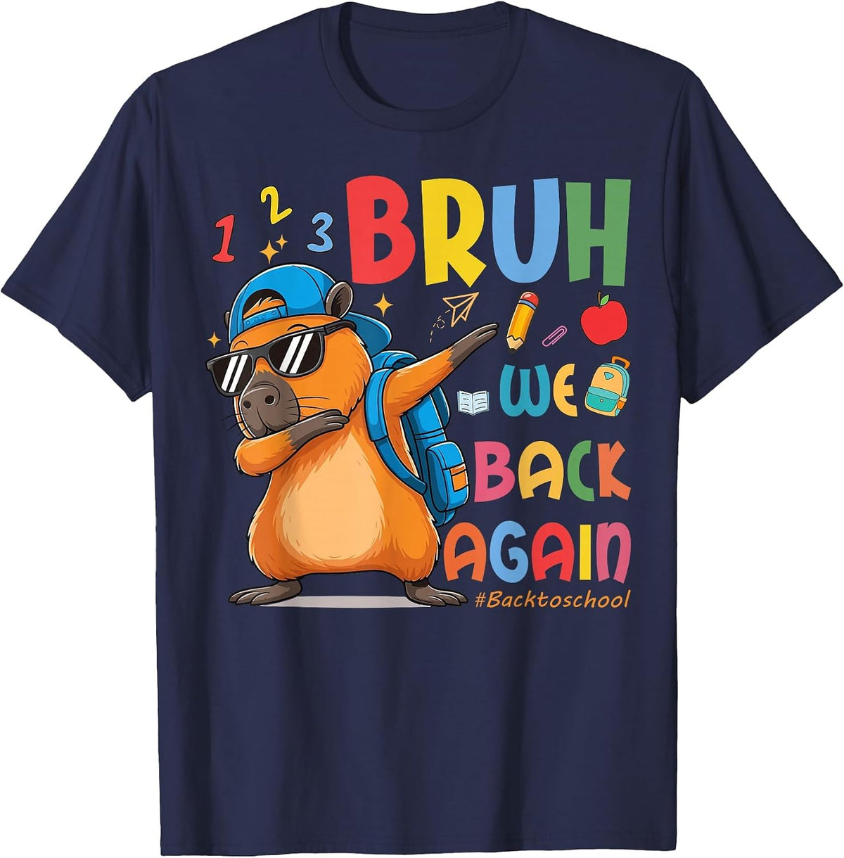 Bruh We Back to School 2nd Grade Teacher Capybara Dabbing T-Shirt - Navy Blue