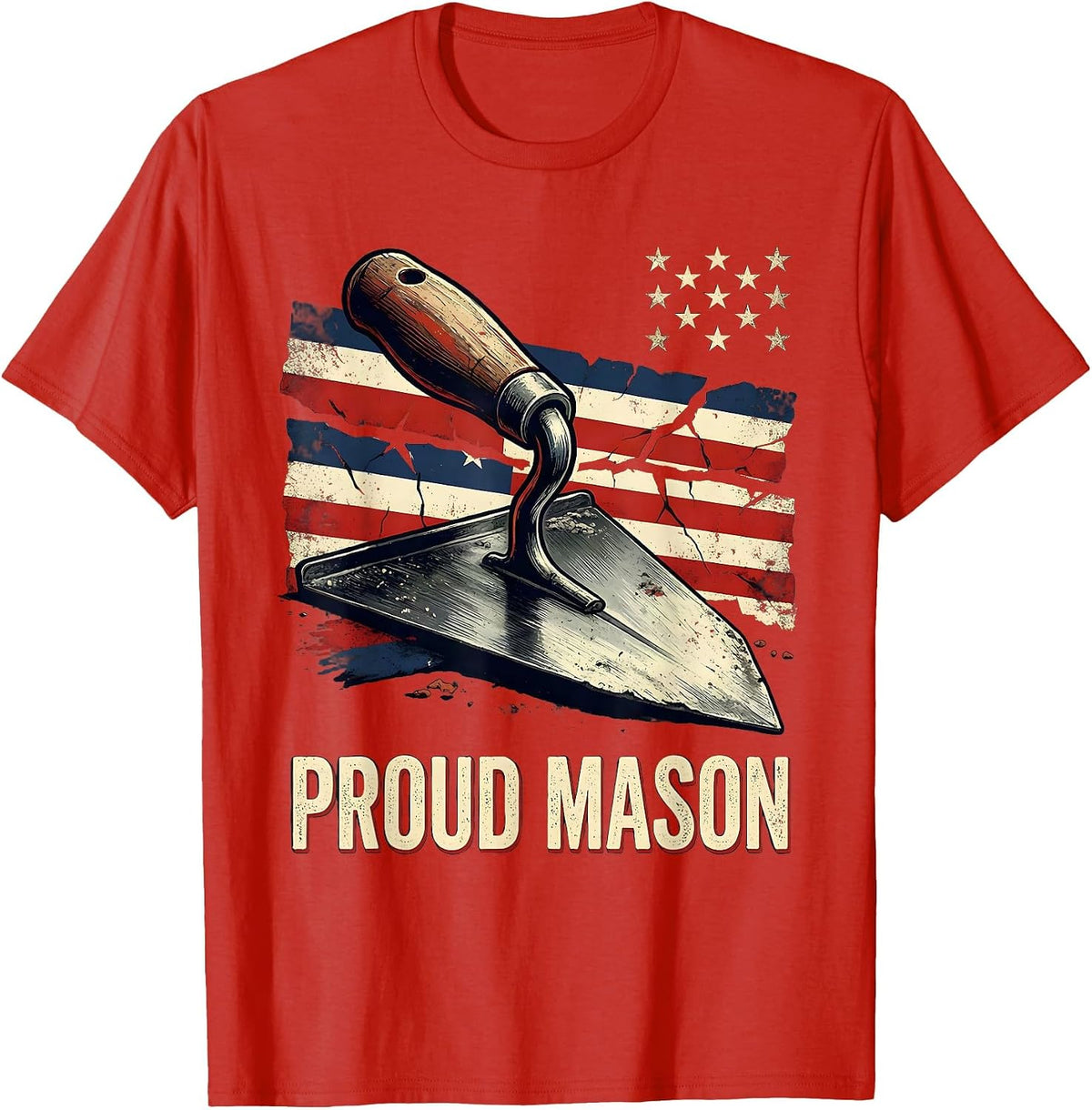 Men's Proud Mason Distressed American Flag Bricklayer T-Shirt - Red