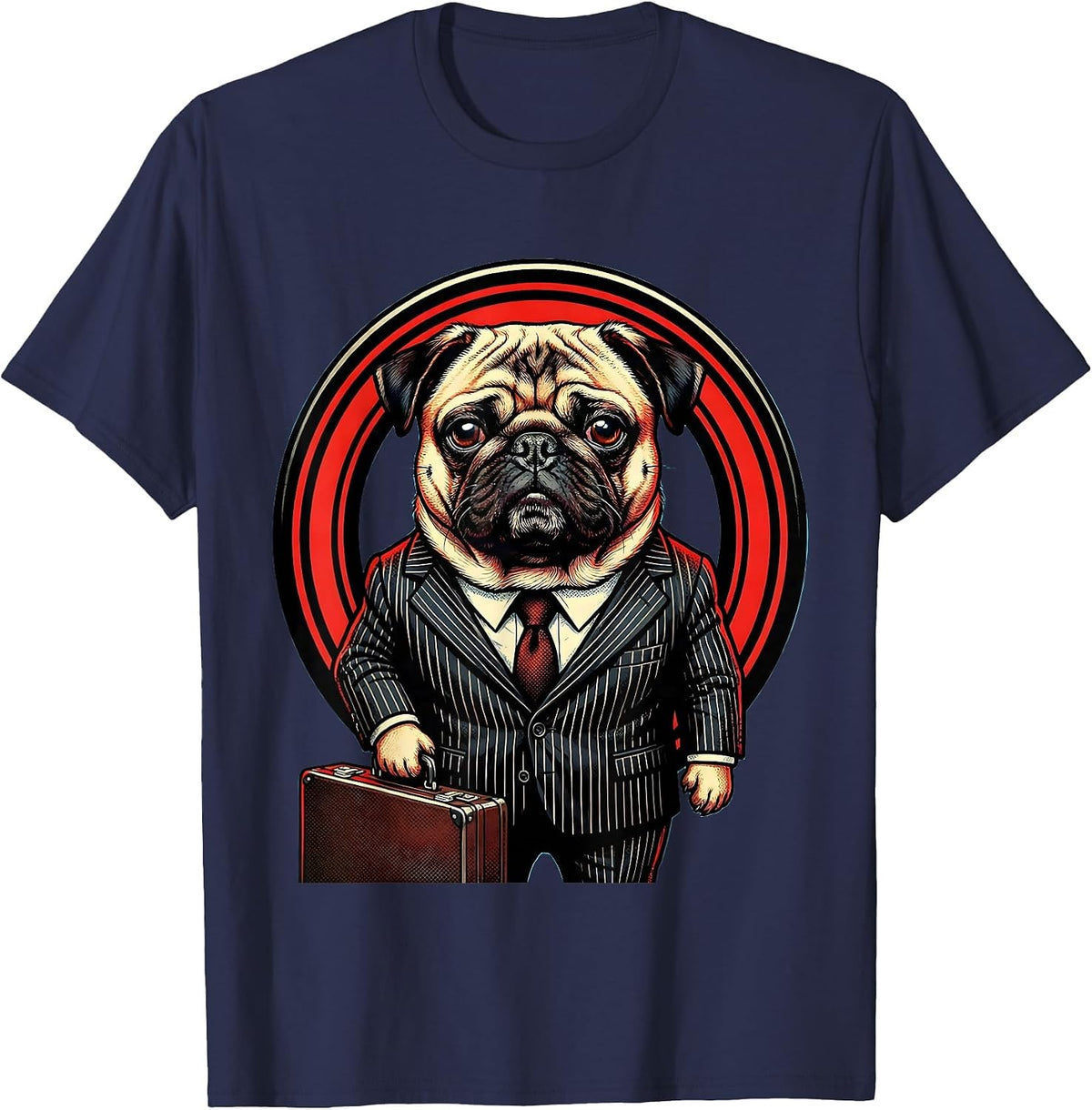 Funny Pug in Business Suit Briefcase Office Dog T-Shirt - Navy Blue