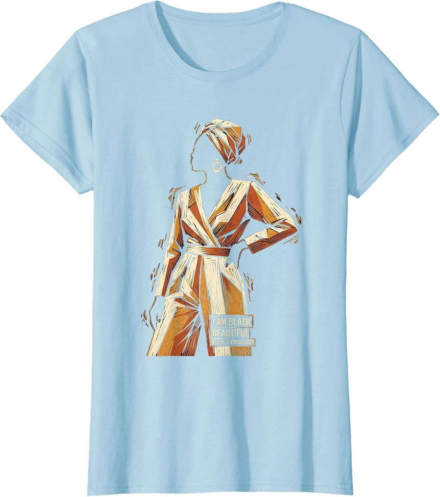 Women's I Am Black, Beautiful, and Self-Possessed Afro Pride T-Shirt - Baby Blue