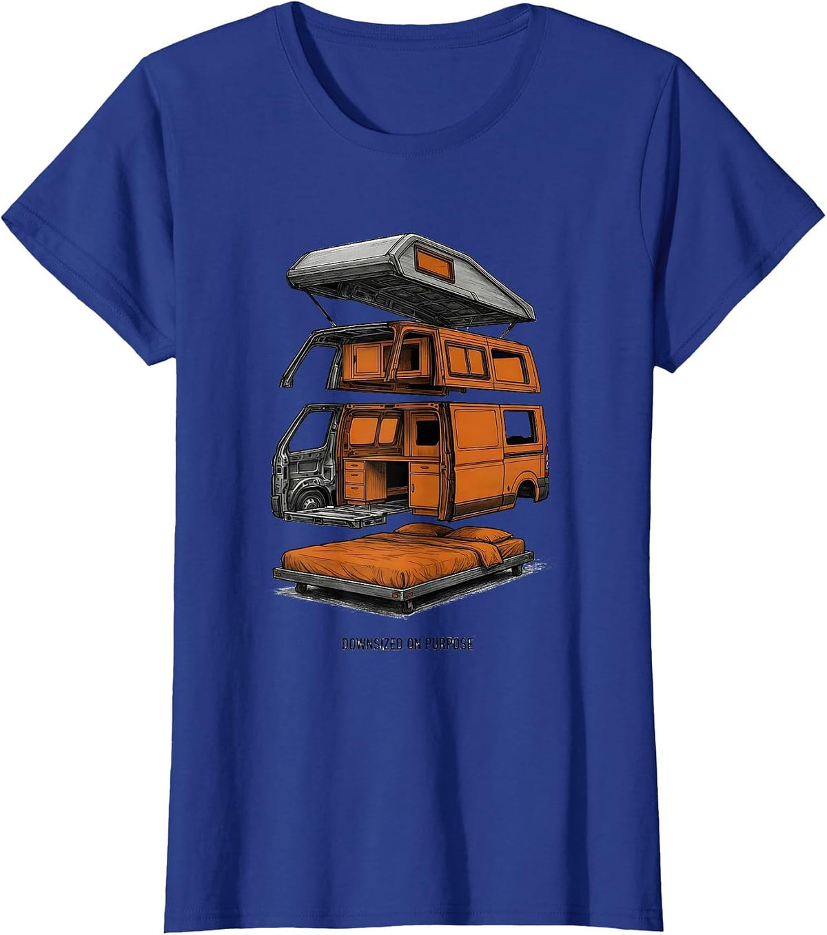 Women's Downsized On Purpose Retro Van Life Nomads Camper Van T-Shirt - Royal Blue