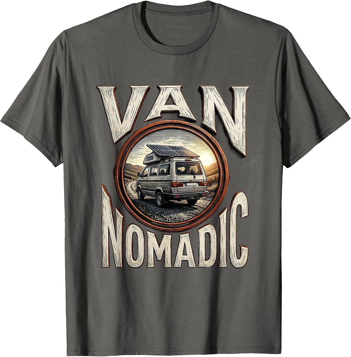 Van Nomadic Woodcut Engraving Campervan Van Life Enthusiast T-Shirt - Asphalt Grey