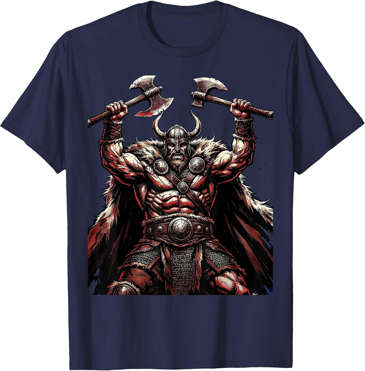 Viking Warrior Battle Axe Raised Norse Metal Art T-Shirt - Navy Blue