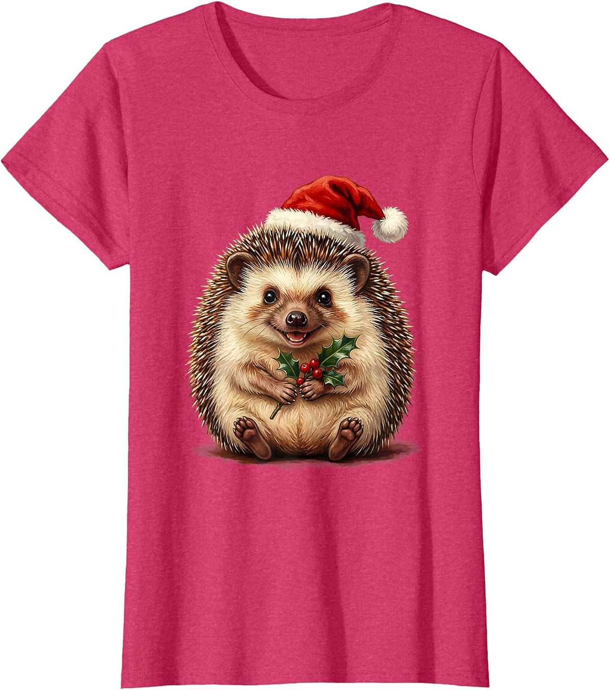 Women's Cute Christmas Hedgehog Santa Hat Holiday Design T-Shirt - Red Heather