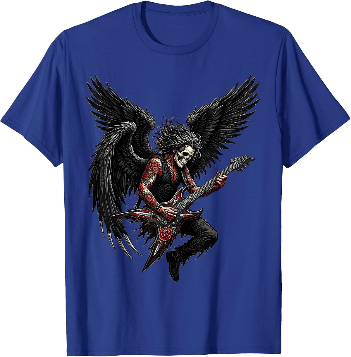 Dark Angel Electric Guitar Shredder Rock Band Graphic T-Shirt - Royal Blue