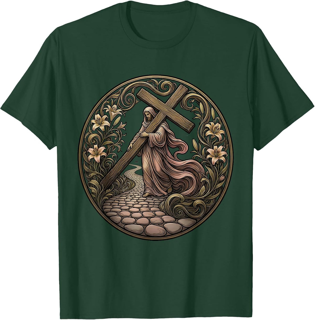Jesus Carrying the Cross Cobblestone Road Art T-Shirt - Dark Green