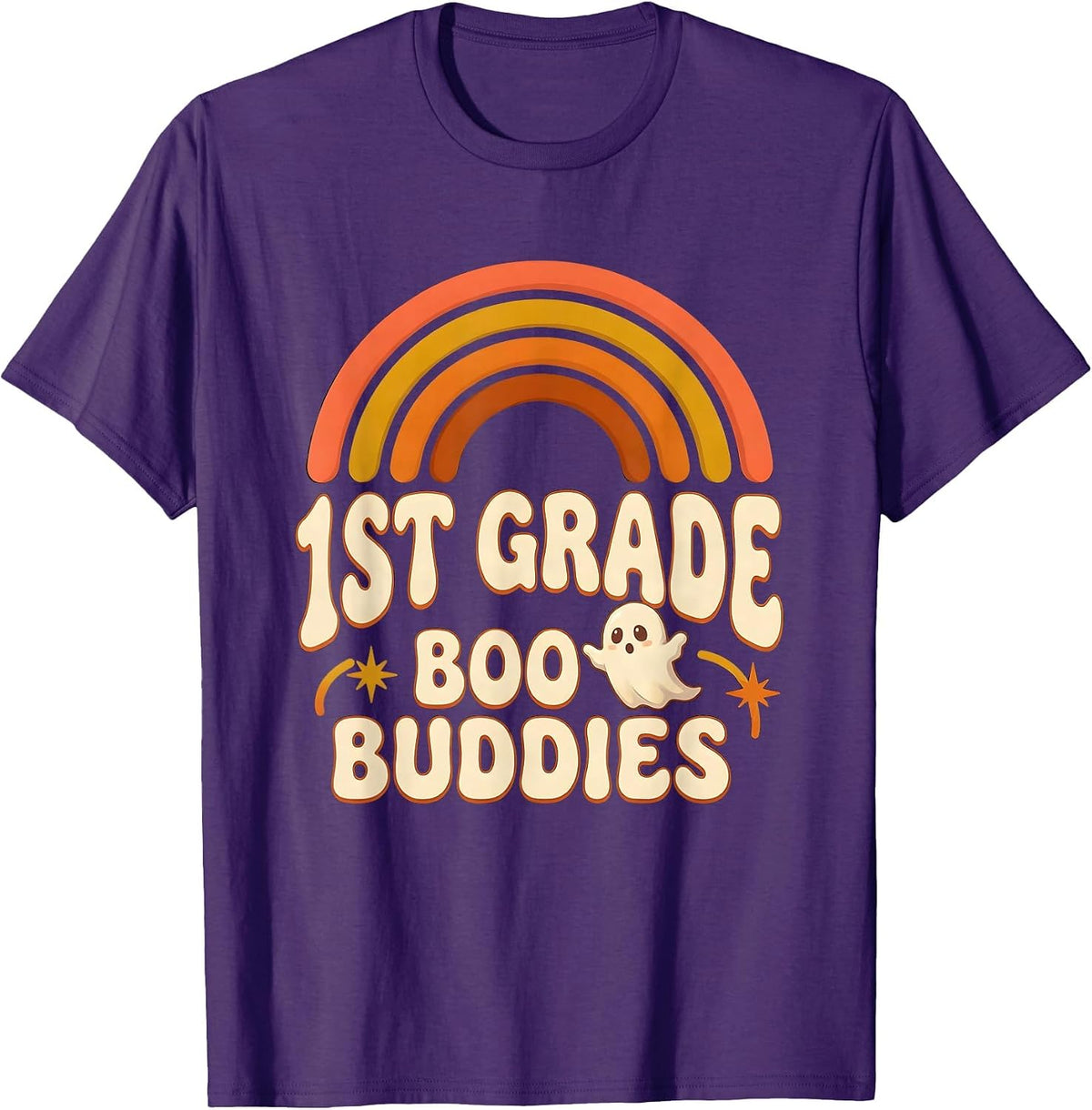 1st Grade Boo Buddies Retro 70s Halloween Teacher Kids T-Shirt - Purple