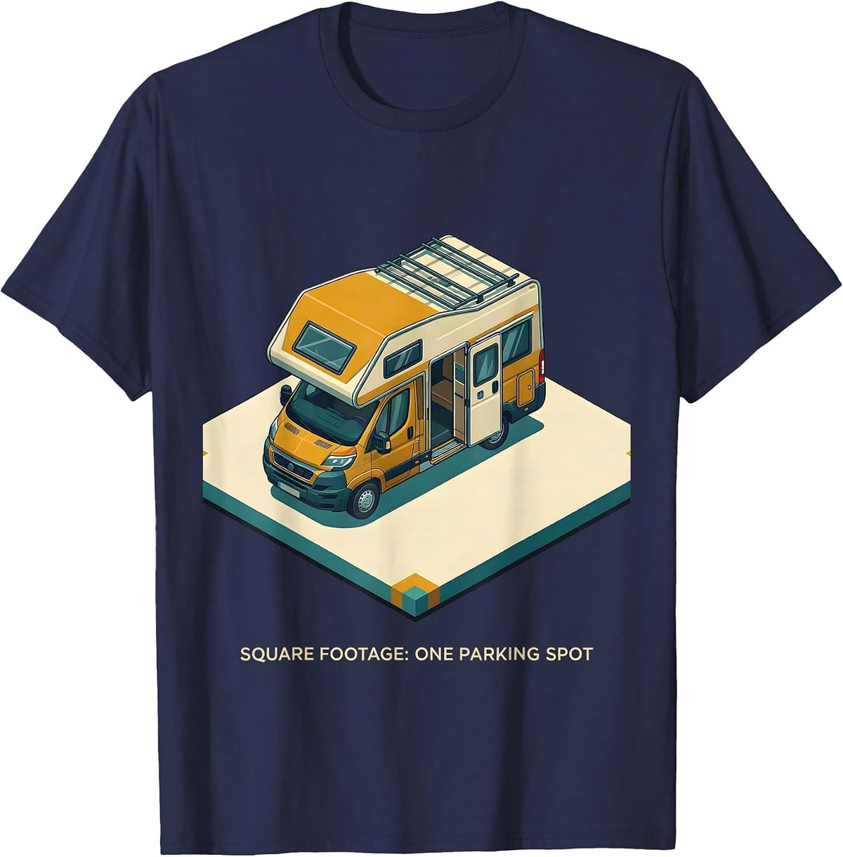 Men's Square Footage: One Parking Spot Retro Van Life Camper Van T-Shirt - Navy Blue