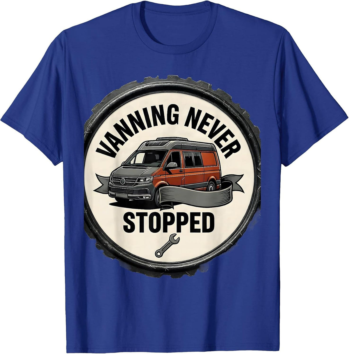 Men's Vanning Never Stopped Tattoo Van Life Retro Van Enthusiast T-Shirt - Royal Blue