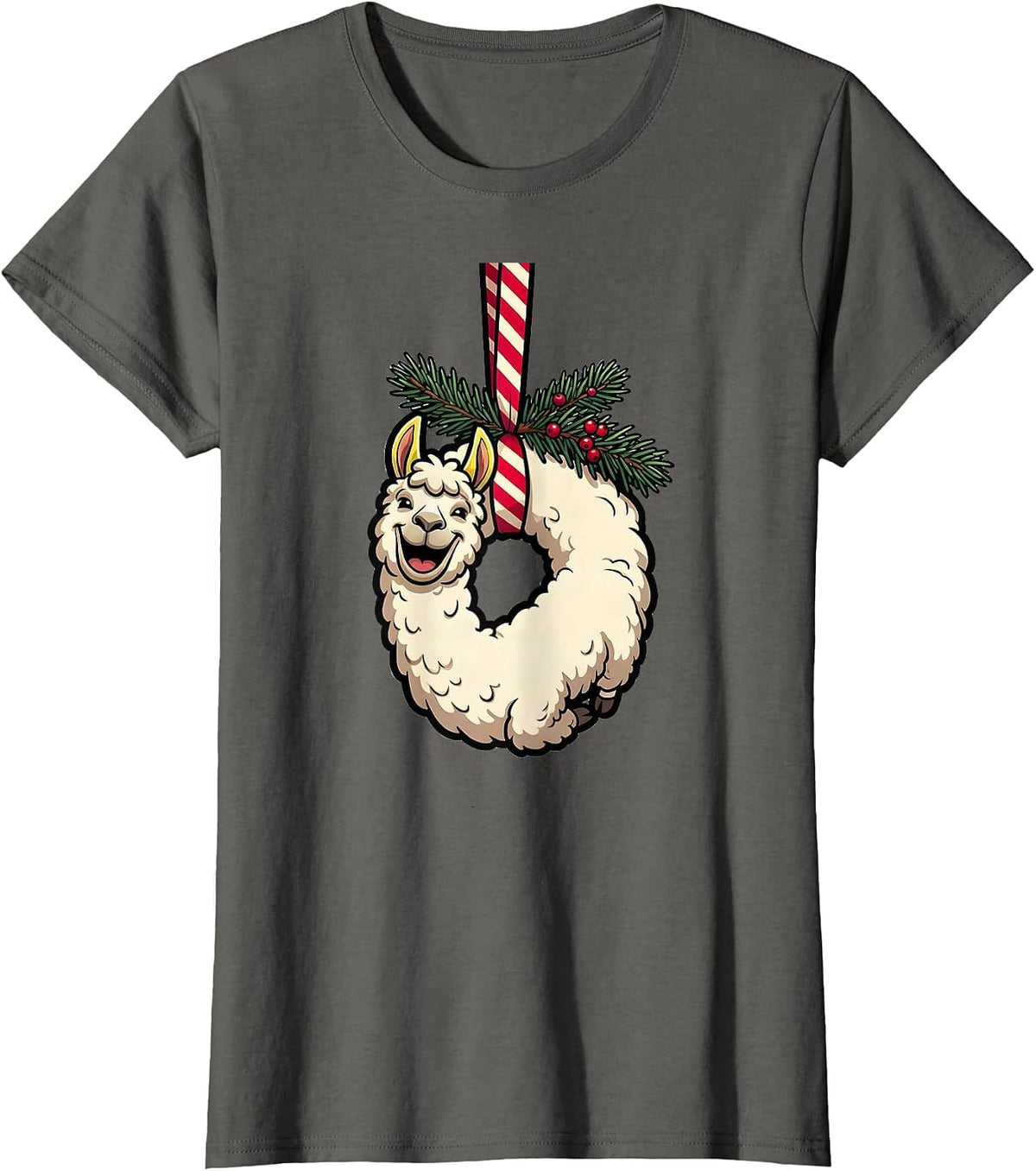 Women's Cartoon Llama Hanging Ornament Christmas Animal Lover T-Shirt - Asphalt Grey