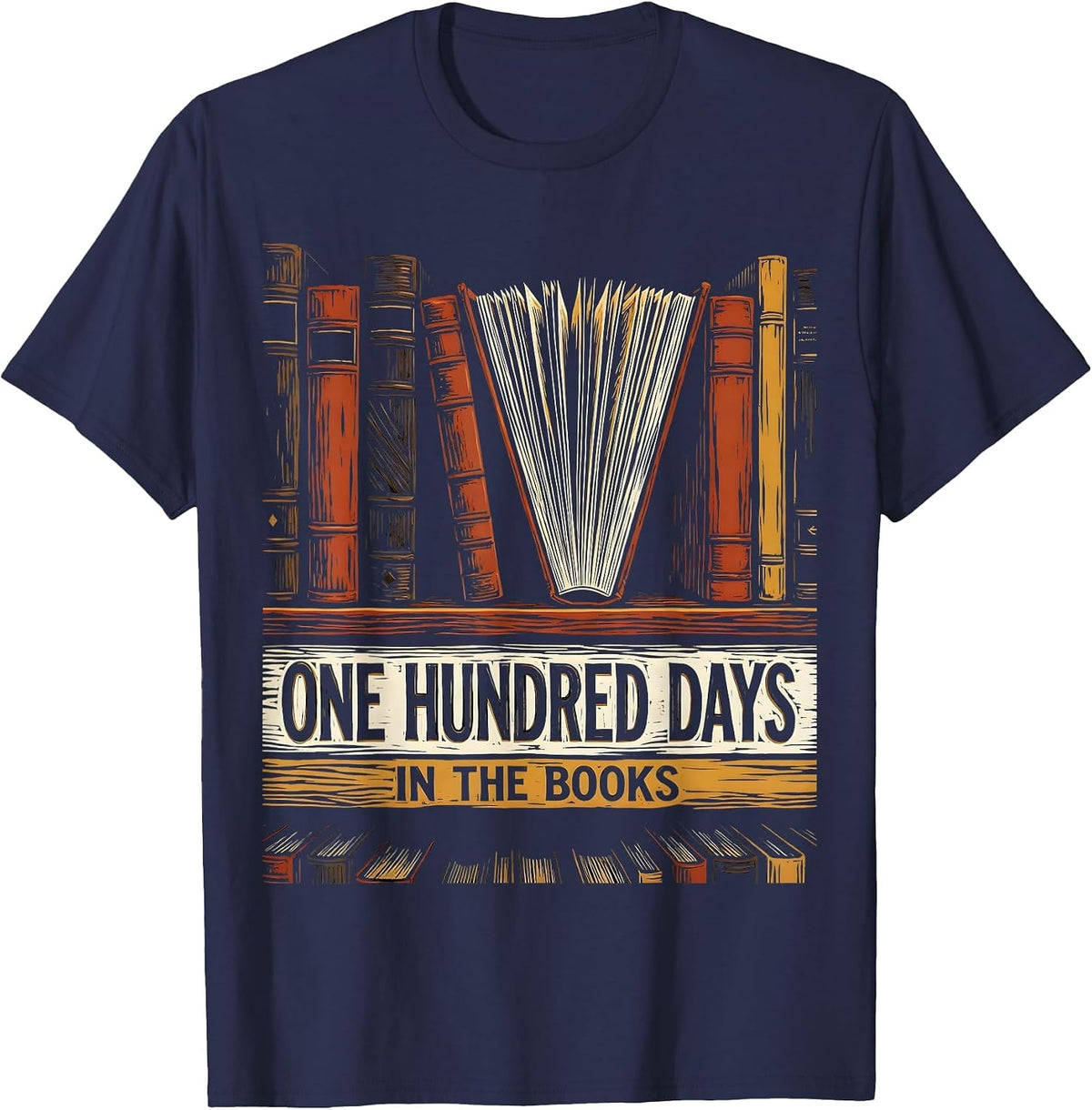Men's One Hundred Days In The Books Linocut Reading Teacher 100th T-Shirt - Navy Blue