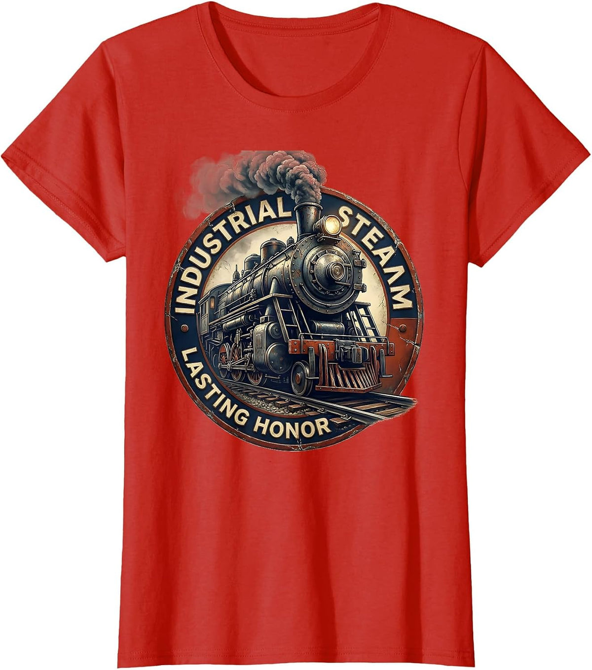 Women's Industrial Steam Lasting Honor Distressed Steam Locomotive T-Shirt - Red