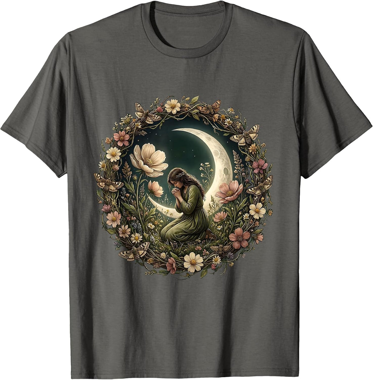 Love Like Jesus Kneeling Figure Moonlit Garden T-Shirt - Asphalt Grey