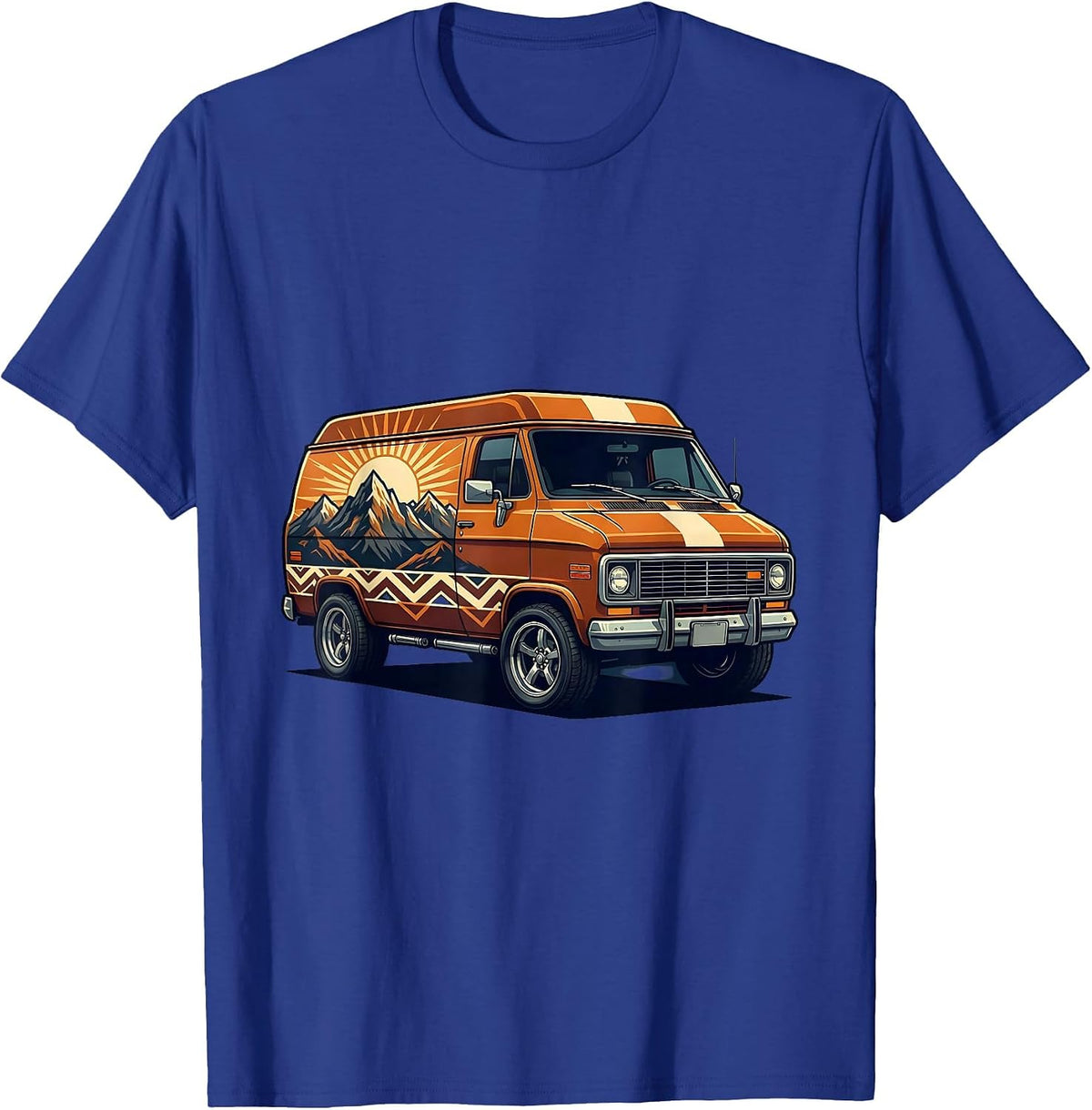 Vintage Van Sunset Mountain Mural 70s Graphic T-Shirt - Royal Blue