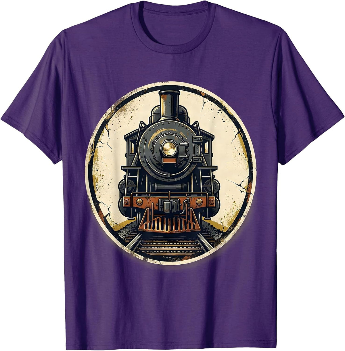 Men's Steam Locomotive Badge Distressed Train Enthusiast Gift T-Shirt - Purple