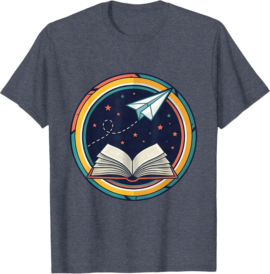 5th Grade Teacher Open Book Paper Airplane Design T-Shirt - Heather Blue