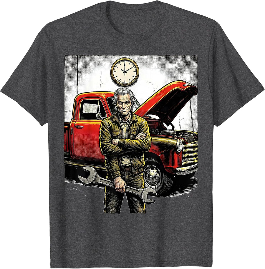 Men's Comic Panel Classic Car Guy Deadpan Humor T-Shirt - Dark Heather Grey