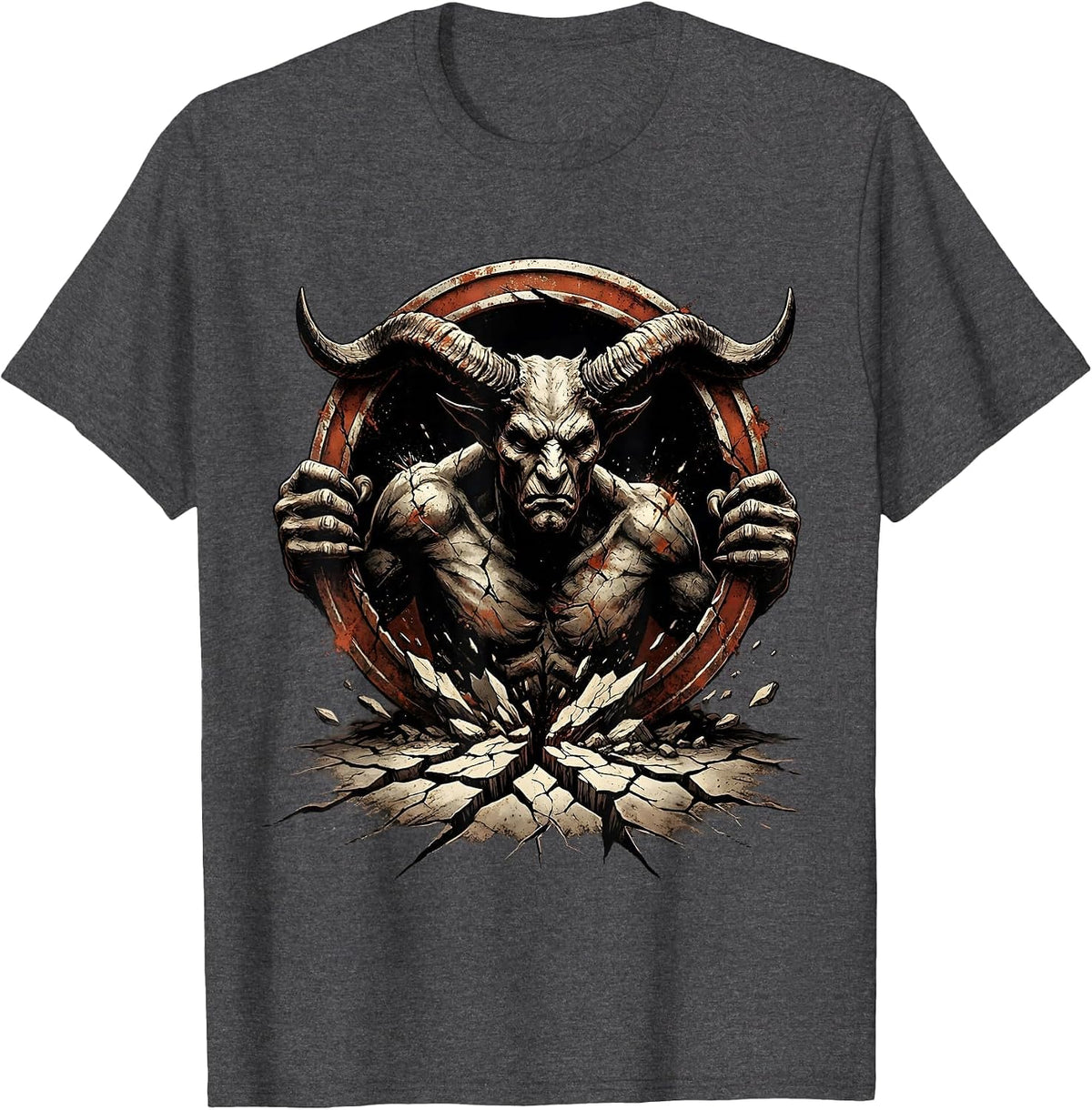 Horned Demon Rising From Cracked Earth Design T-Shirt - Dark Heather Grey