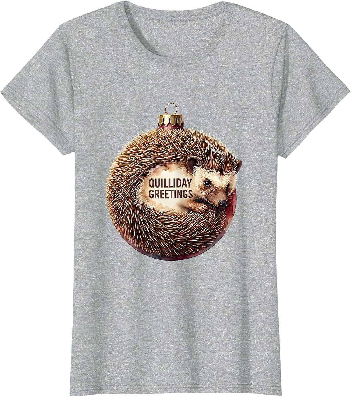Quilliday Greetings Watercolor Hedgehog Christmas Cute T-Shirt - Heather Grey