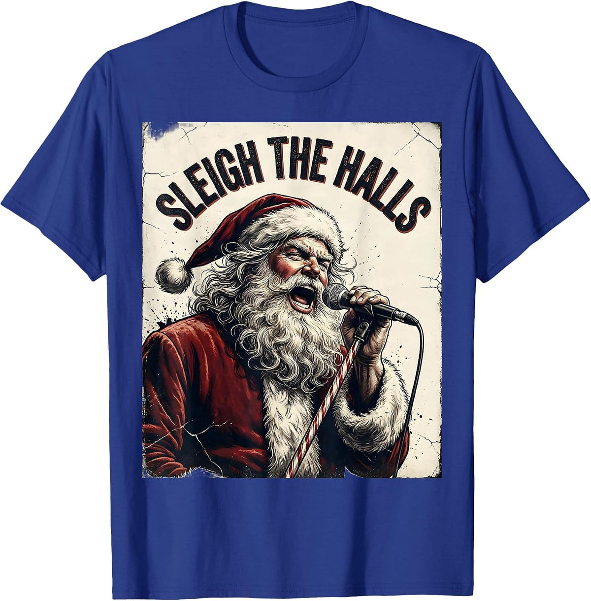 Sleigh the Halls Distressed Heavy Metal Santa Parody T-Shirt - Royal Blue