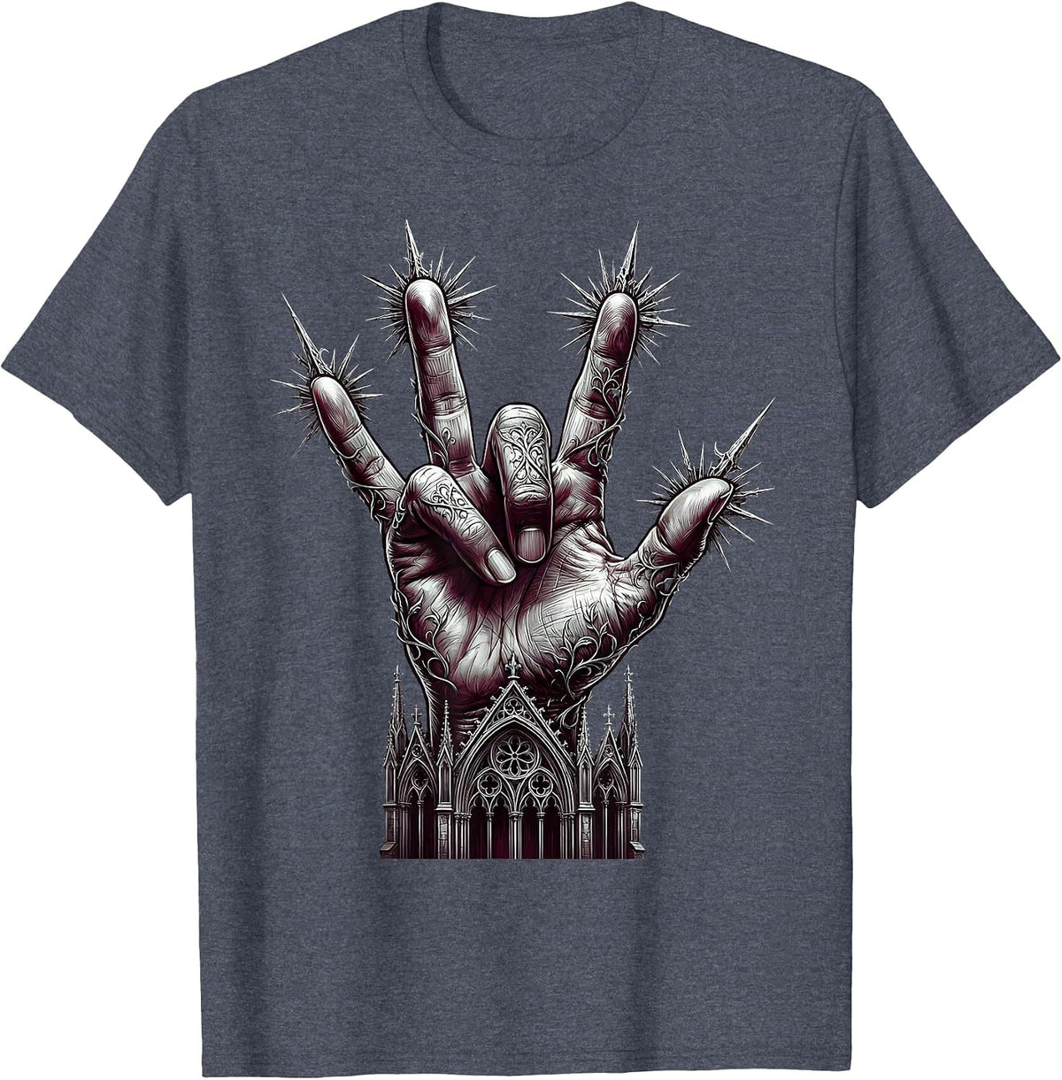 Rock On Devil Horns Hand Gesture Graphic Tee T-Shirt - Heather Blue