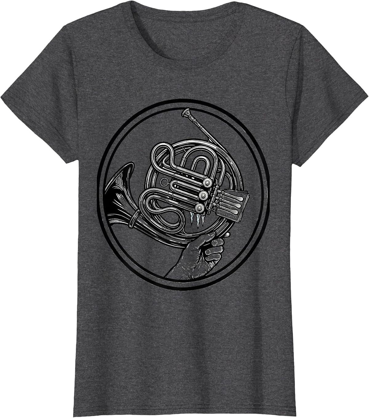 Women's French Horn Badge Line Art Band Player Humor T-Shirt - Dark Heather Grey