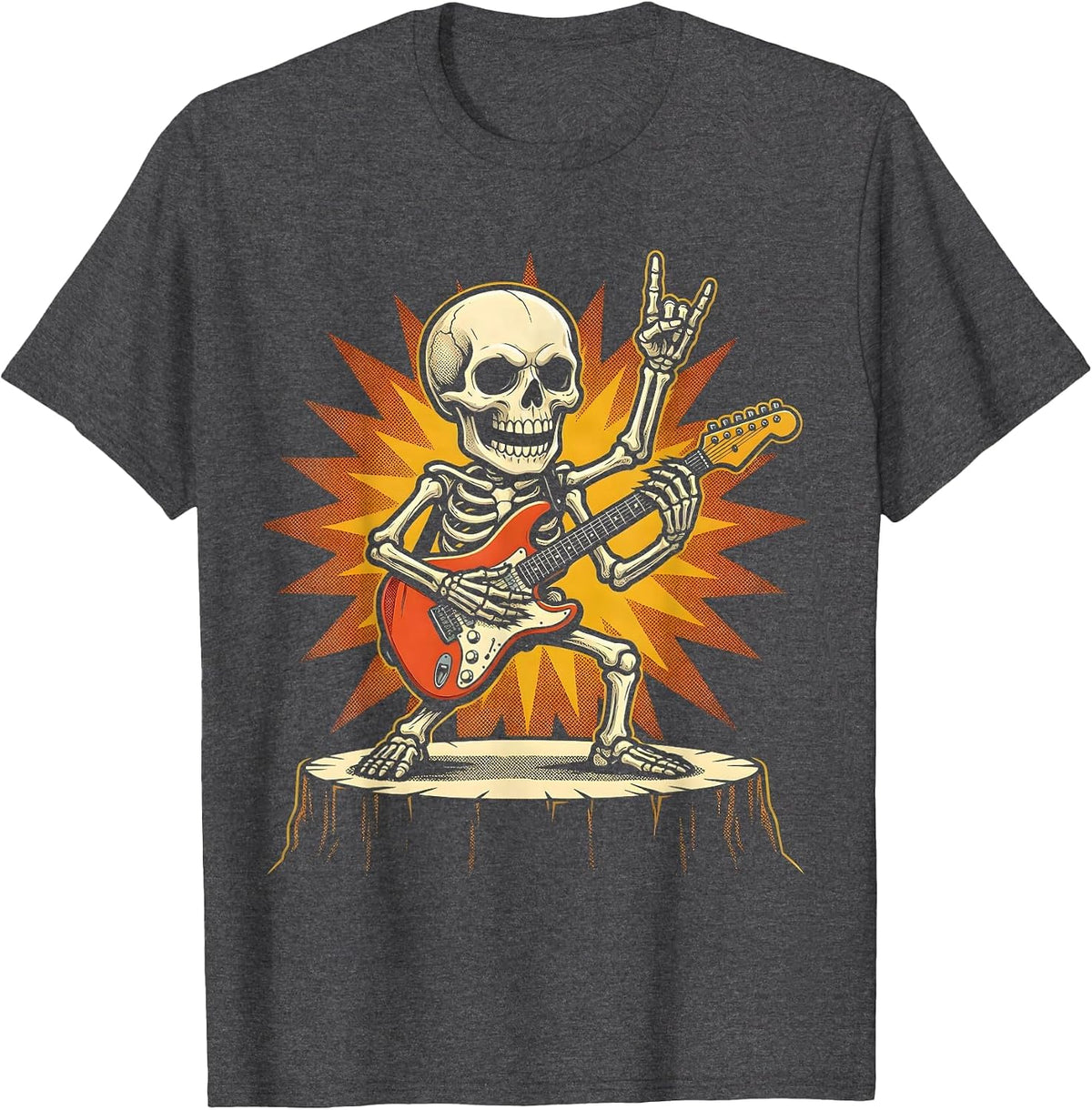 Men's Skeleton Electric Guitar Rock Stage Graphic T-Shirt - Dark Heather Grey