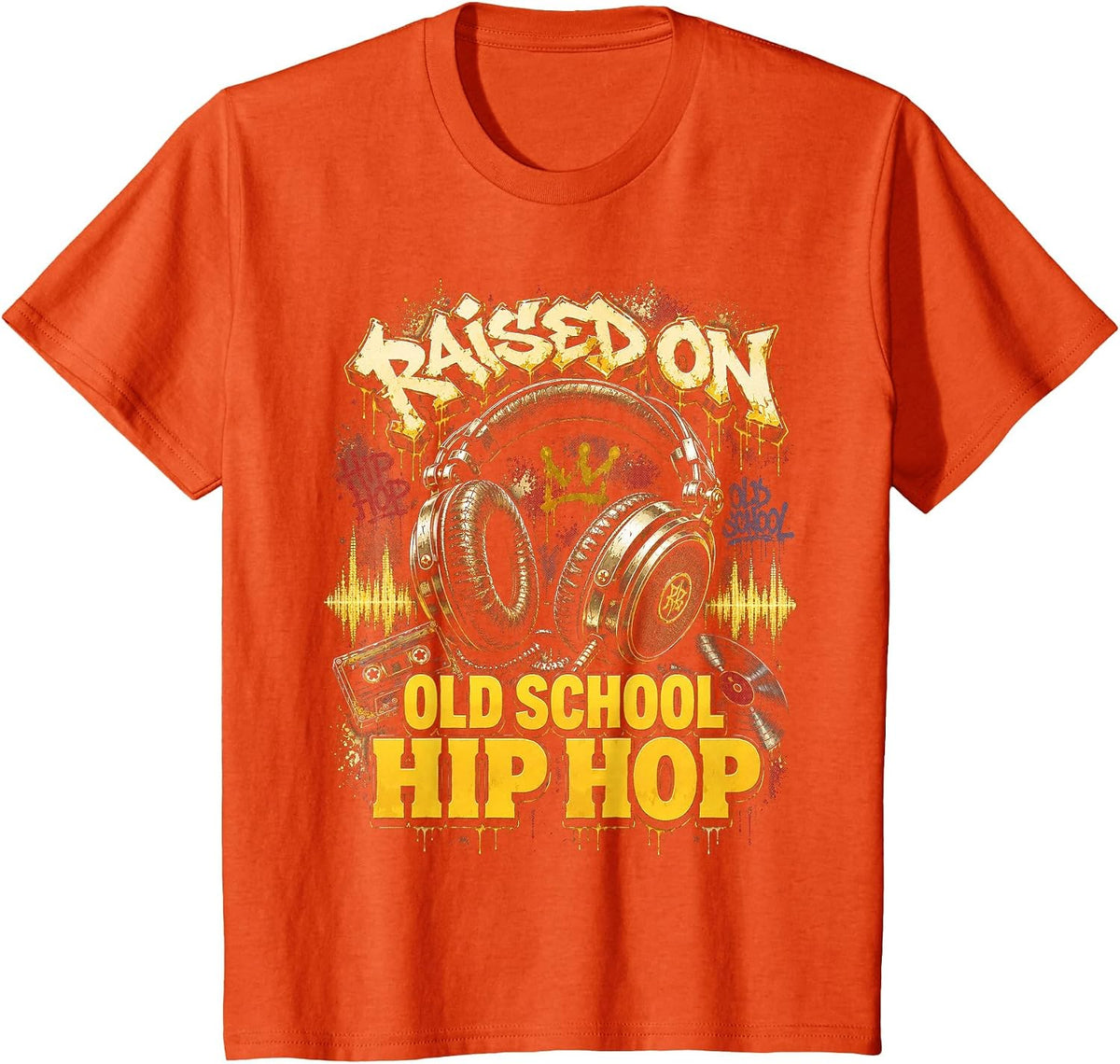 Raised On Old School Hip Hop Cassette Graffiti Rap T-Shirt, Youth, Orange, Small - As Pictured