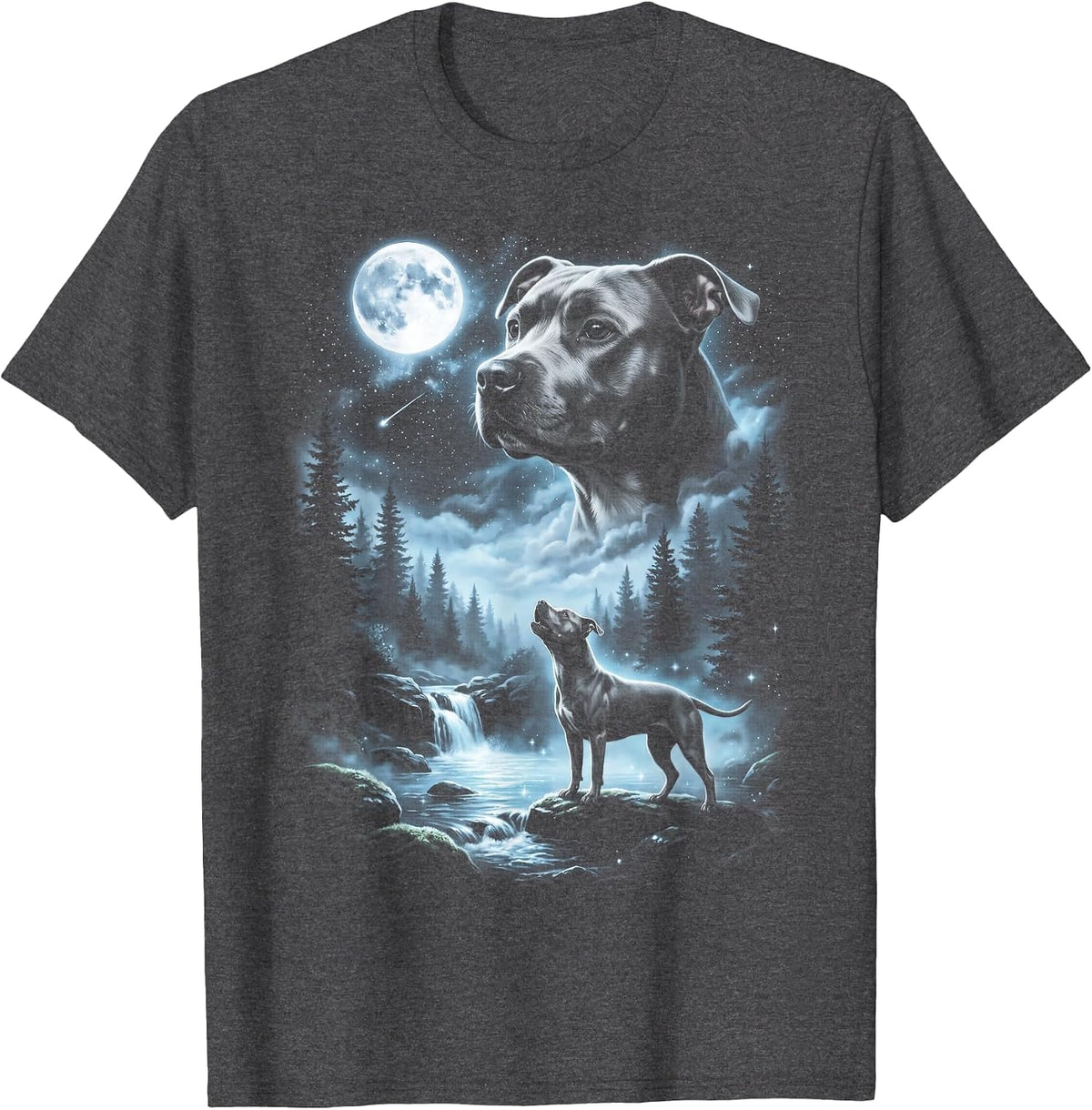 Pitbull Howling to the Moon Retro 90's Pittie Dog T-Shirt - Dark Heather Grey