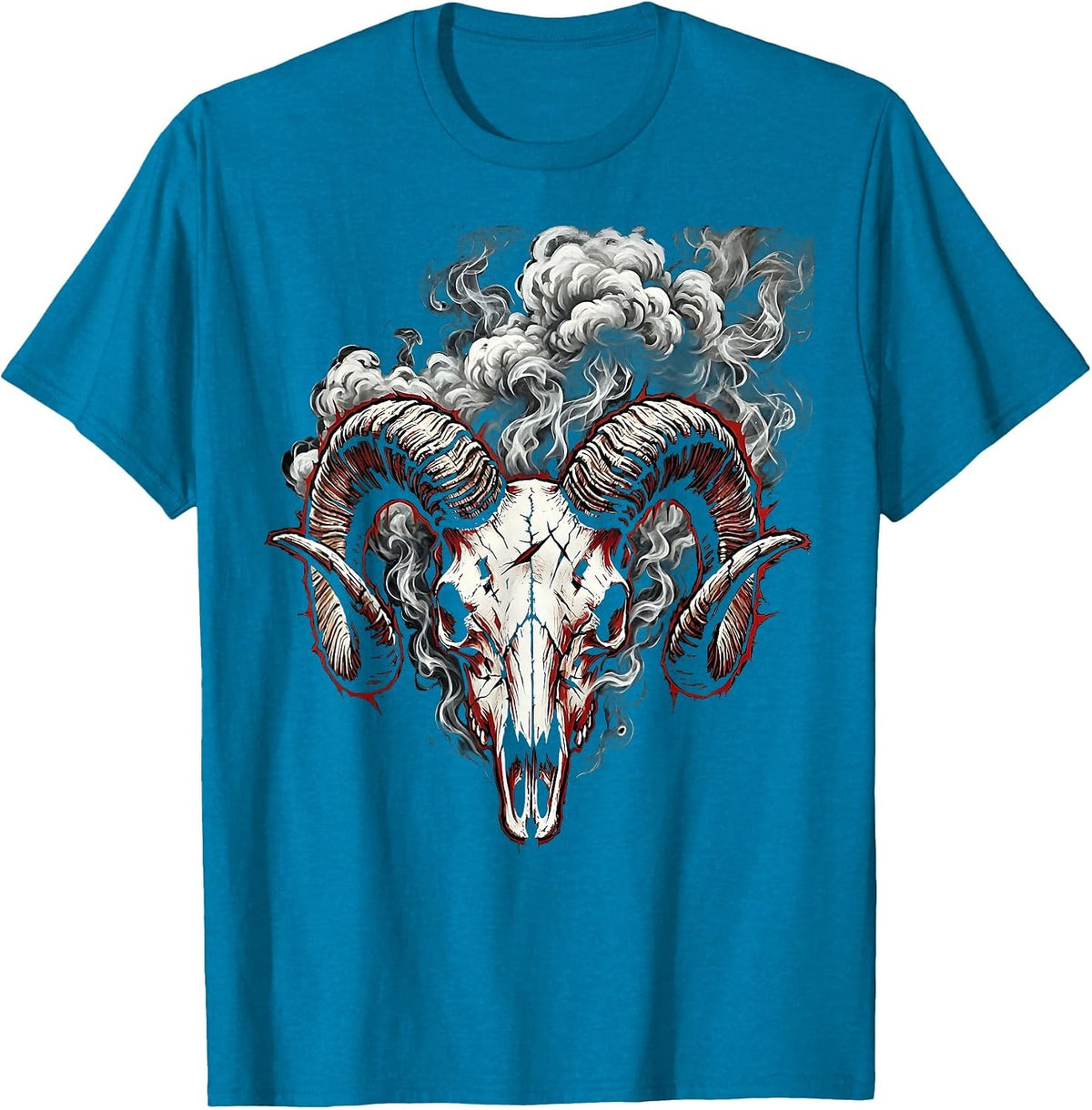 Horned Goat Skull Smoke Metal Band Graphic T-Shirt - Sapphire Blue