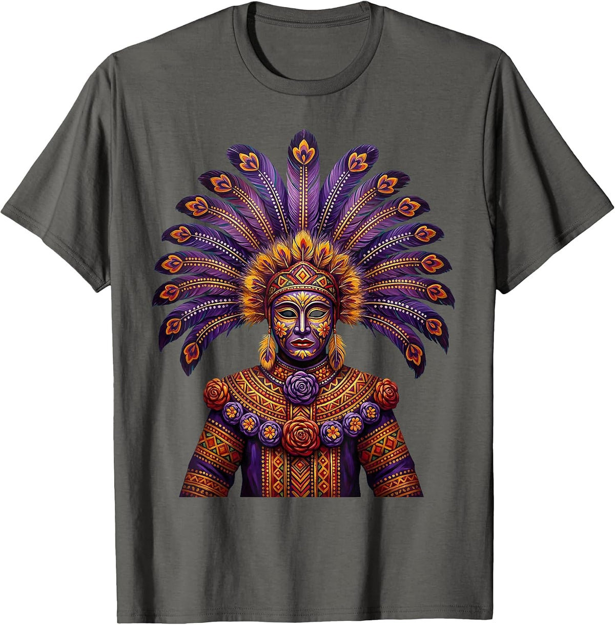 Mardi Gras Masked Reveler Feathered Headdress T-Shirt - Asphalt Grey