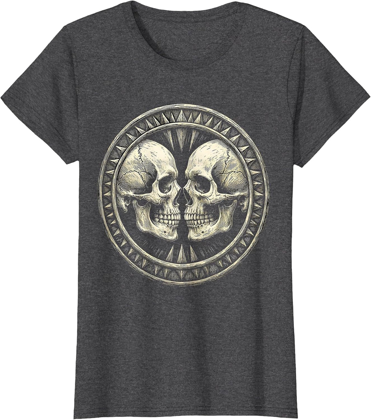 Women's Twin Skulls Face to Face Graphic Design T-Shirt - Dark Heather Grey