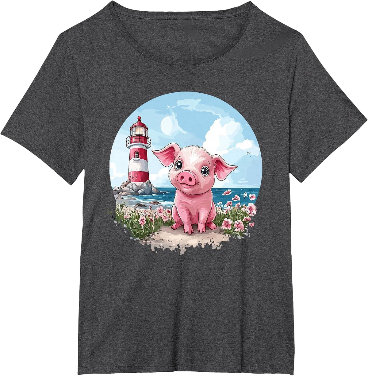Adorable Piglet By The Lighthouse T-Shirt - Dark Heather Grey