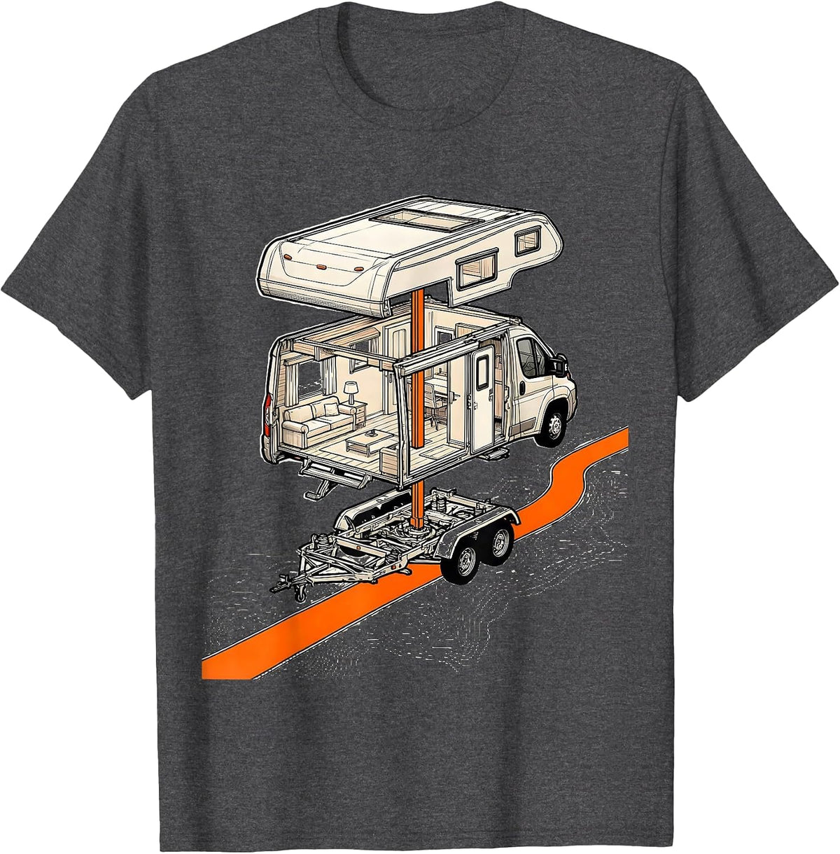 Camper Van Exploded View Retro Van Life Nomads T-Shirt - Dark Heather Grey